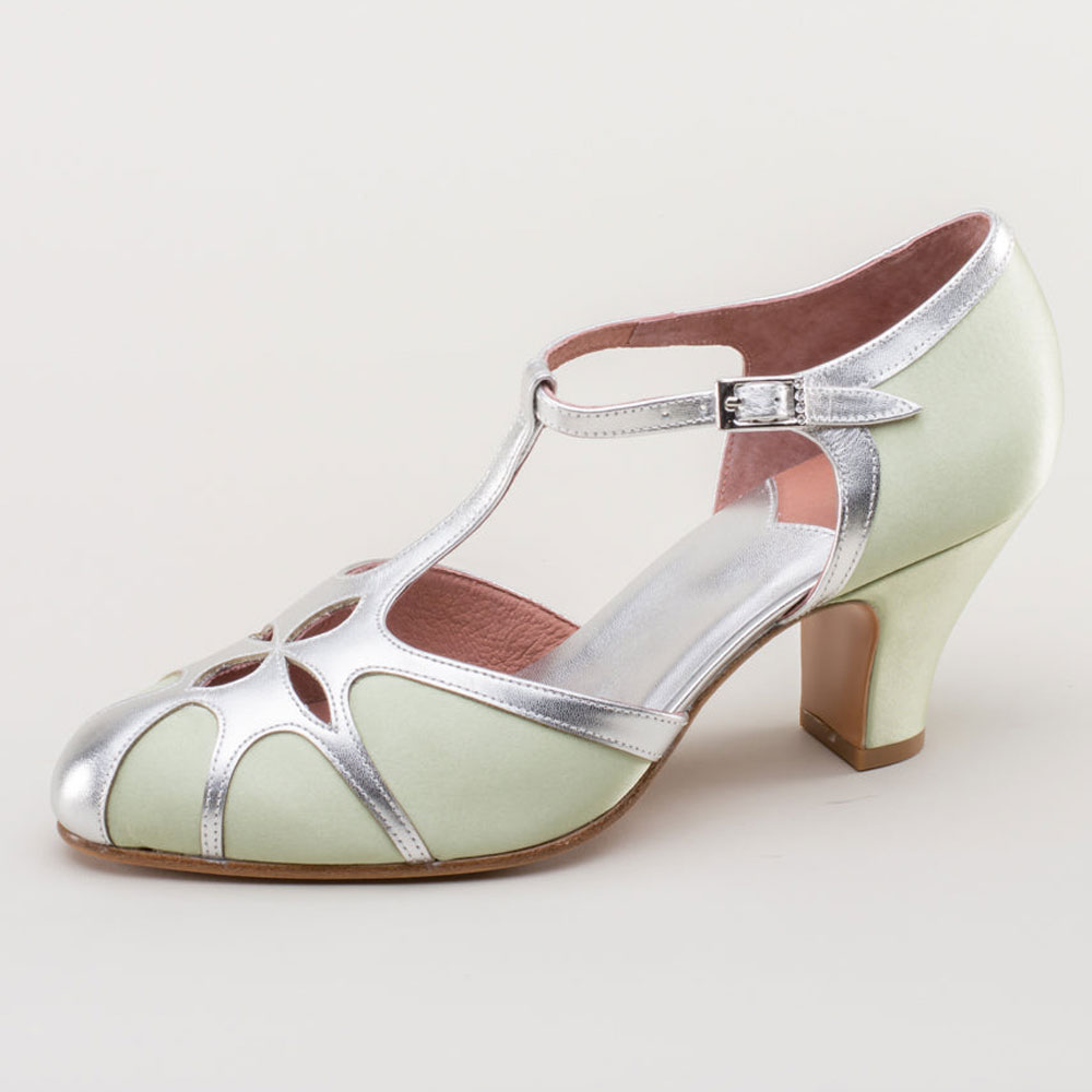 Green & Silver Satin Closed Toe Hollow Out Vintage T Strap Heels Nicepairs
