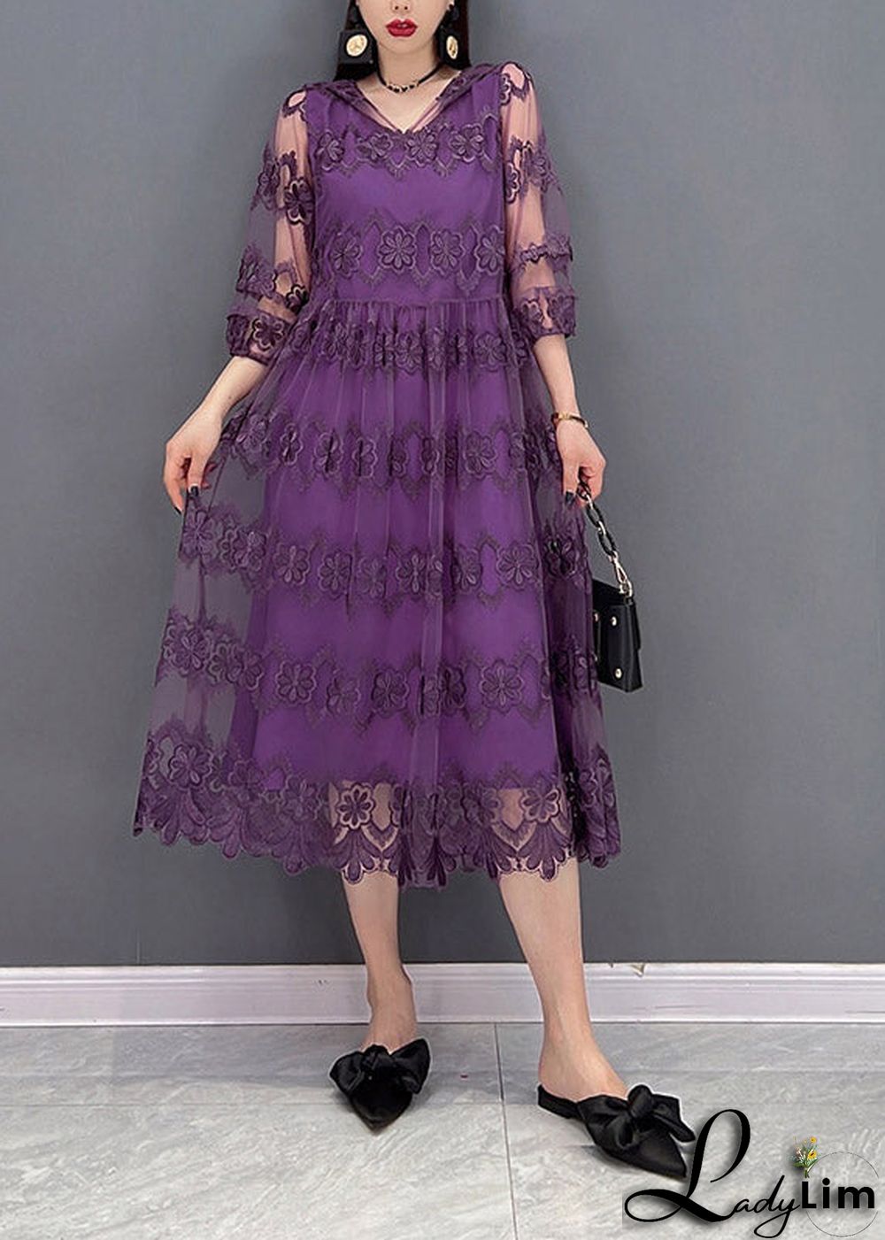 Modern Purple V Neck Embroideried Floral Lace Patchwork Hooded Dress Long Sleeve