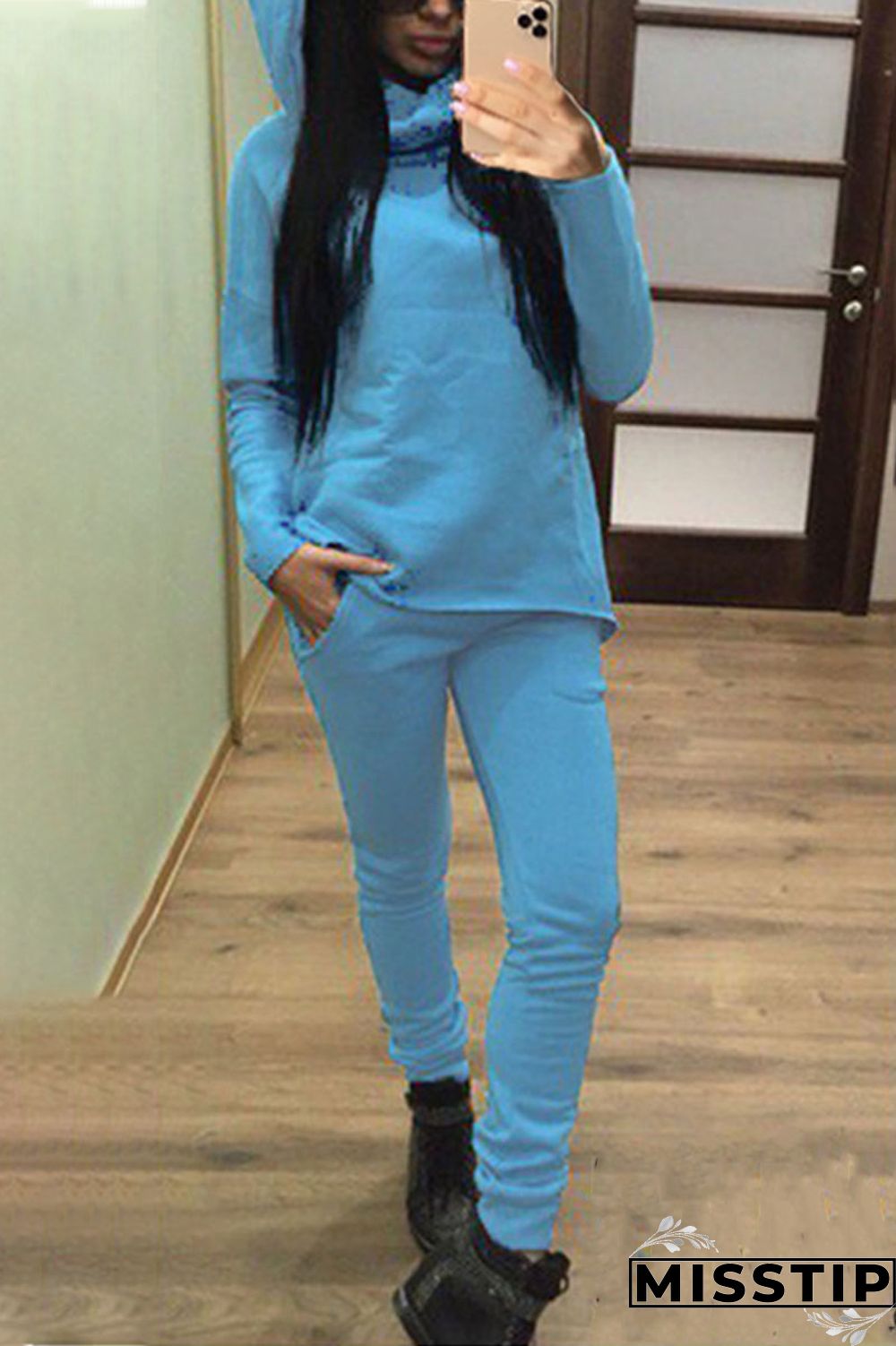 Light Blue Street Solid Patchwork Hooded Collar Long Sleeve Two Pieces