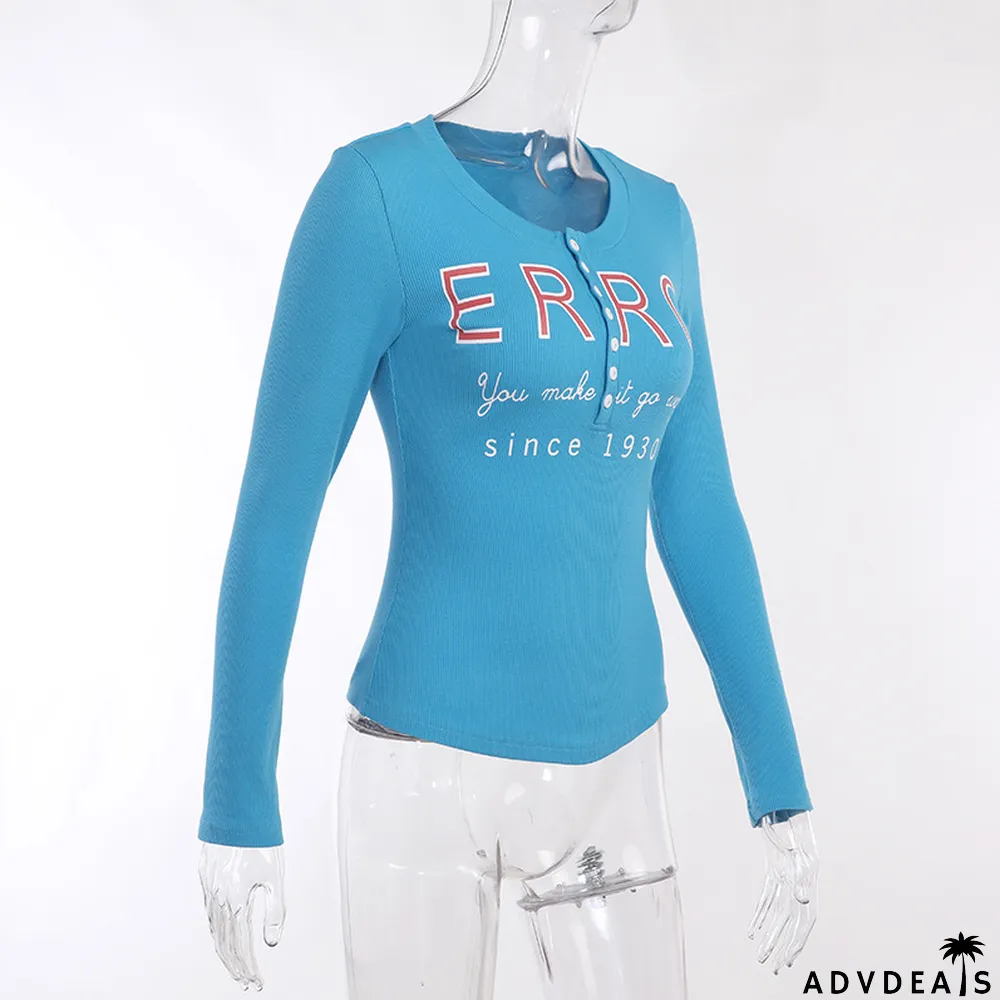 Spring Slim Fit T-Shirt Women Fashion Street Rib Print Long Sleeve Button Top