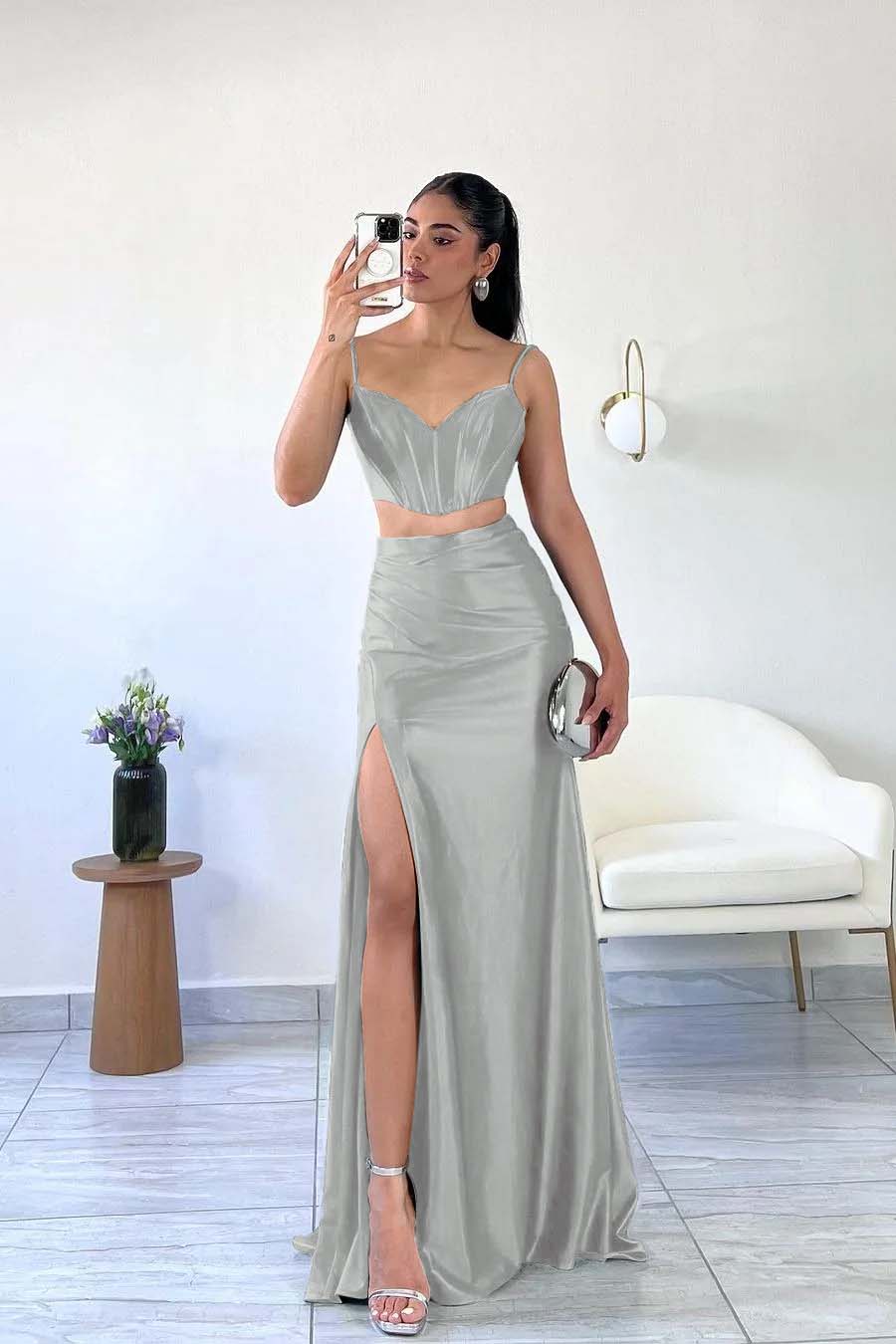 Miabel Simple Dark Green Satin Spaghetti Strap Sleeveless Long Prom Dress with Split