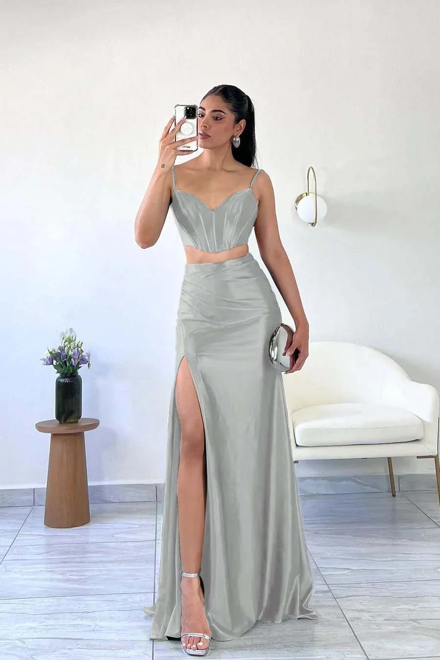 Miabel Simple Dark Green Satin Spaghetti Strap Sleeveless Long Prom Dress with Split