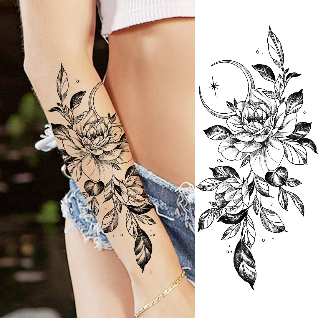 Sdrawing Peony Flower Moon Temporary Tattoos For Women Adult Rose Daisy Crown Fake Tattoo Fashion Washable Half Sleeve Tatoos