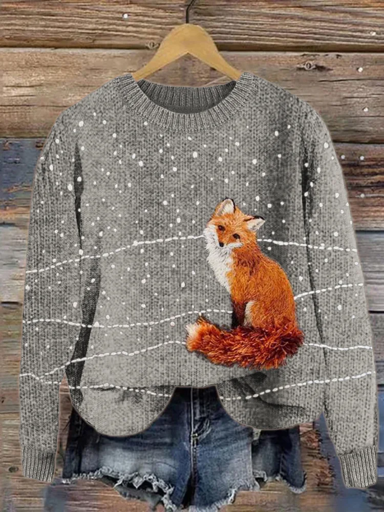 VChics Fuzzy Fox in the Snow Embroidery Cozy Knit Sweater