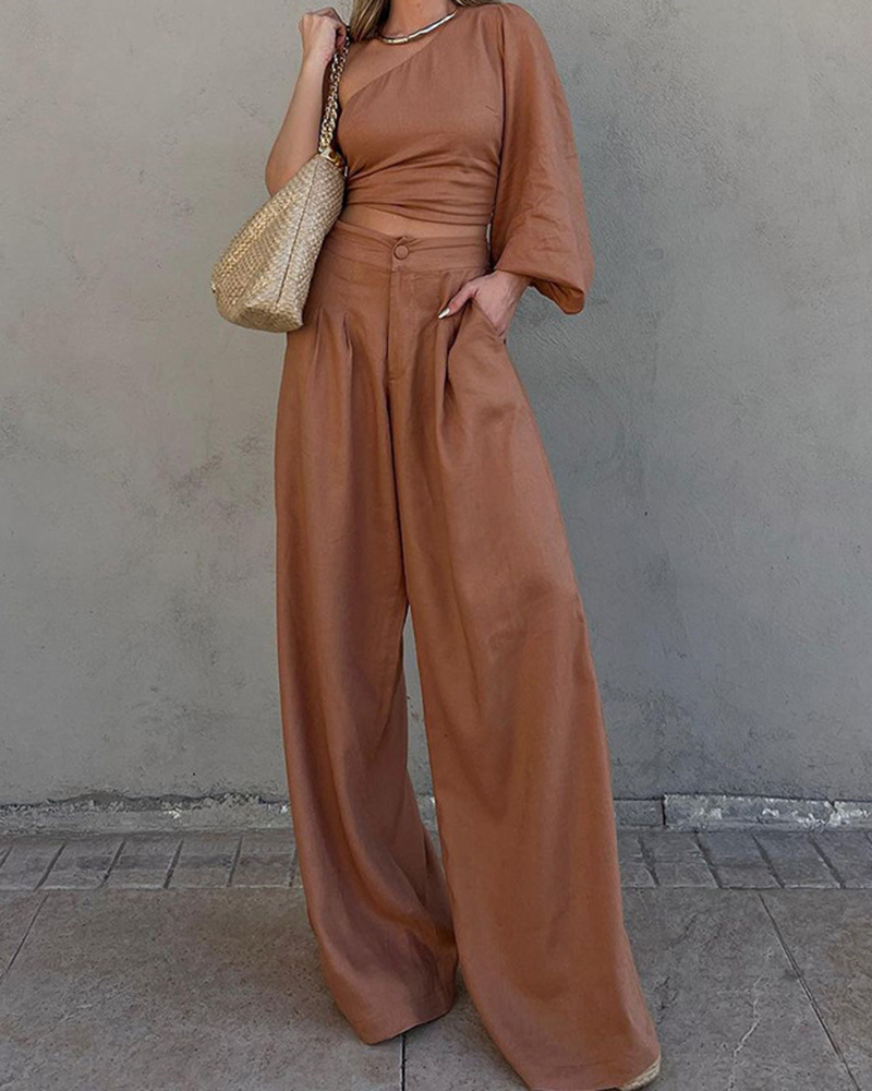 One Shoulder Balloon Sleeve Top & Side Pockets Pants Set