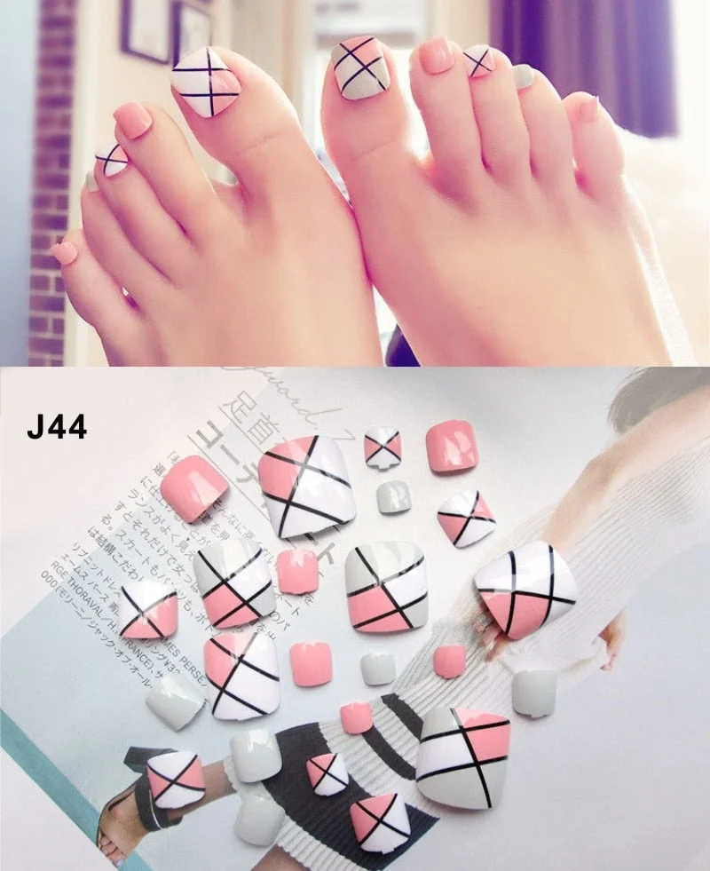 24 Pcs/Set Fresh Style Toe Fake Nails 3D Foot Full Toes Nail Art Tips False Nails  for Lady Girls Toenails Press on Nail-Nail Inspo