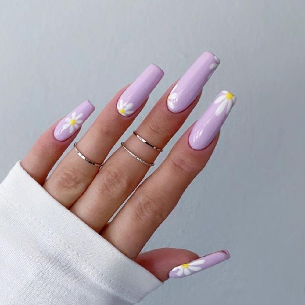 Acrylic Nail Tips Small Daisies Pattern Nail Patch Glue Long Ballerina False Nails Full Cover Coffin Fake Nails Press On Nails