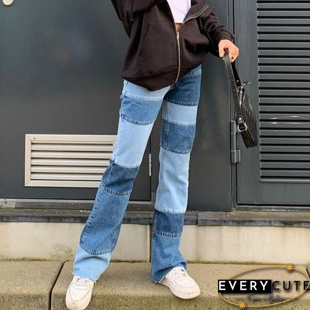 Patchwork Stitch Color Block Slim Fit Straight Leg Jeans Ripped Denim Pants