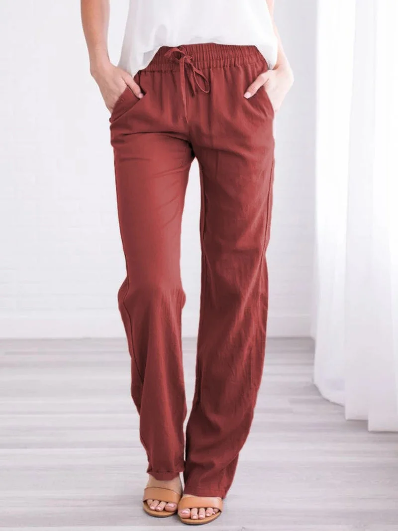 Brownm Temperament Commute Solid Color Cotton Linen Drawstring Loose Casual Wide-leg Trousers