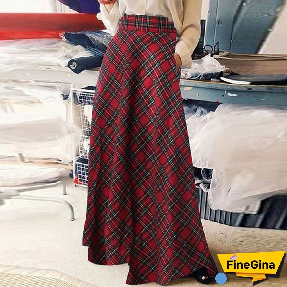 Summer Women Vintage A-Line Skirt Casual High Waist Plaid Checked Party Holiday Maxi Long Skirts