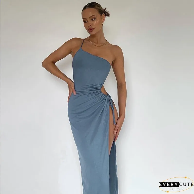 Sexy Off Shoulder Side High Split Maxi Dress Women Drawstring Sleeveless Solid Evening