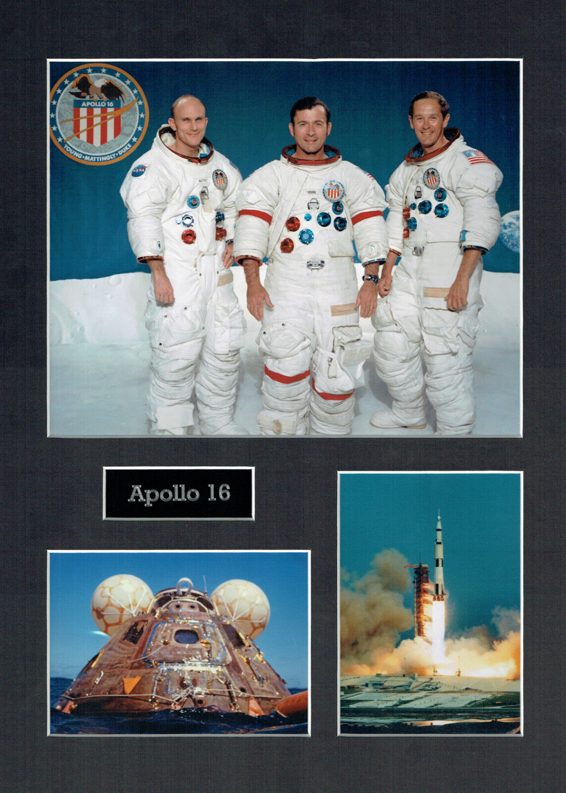 Apollo 16 16x12 Mounted Crew Photo Poster painting Astronaut Space Montage