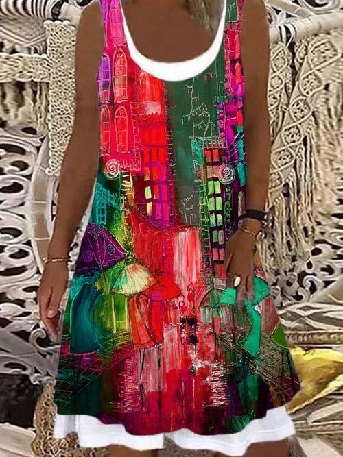 Women's U-neck Sleeveless Printed Midi Dress