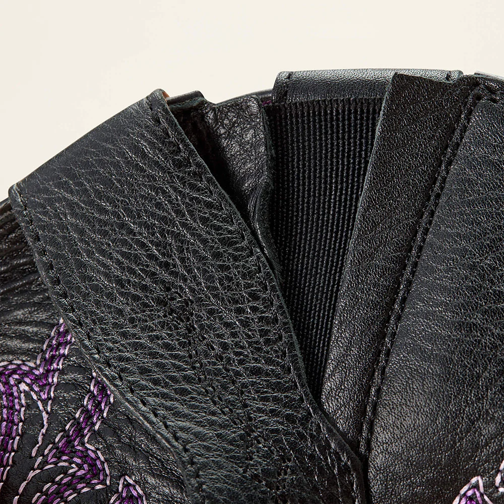 Black Square Toe Chunky Heel Cowgirl Boots with Purple Embroidery