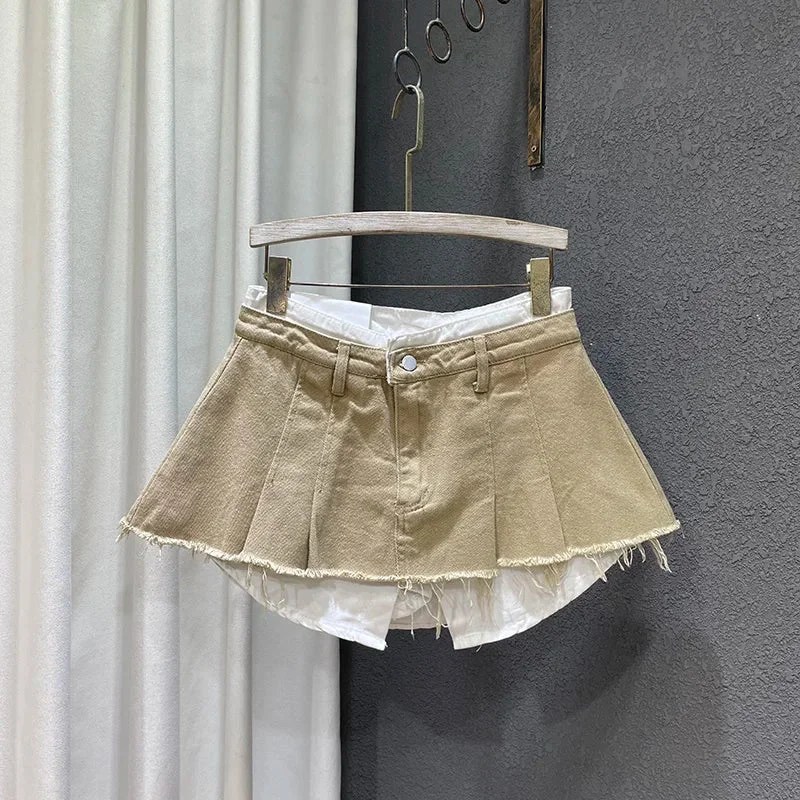 Huibahe Women Denim Skirt Patchwork Fake 2 Pcs A-line Contrast Color High Waist A-line Mini Skirts 2024 Summer New Fashion 11XX1592