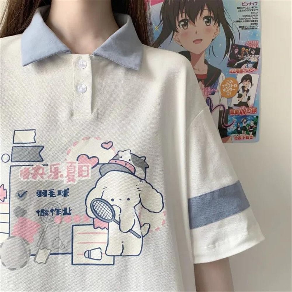 Dog Print Polo Shirt Girl Harajuku Japan Cute Summer Patchwork T Shirt For Girl Kawaii Punk Loose Student Funny Clothes Shirt