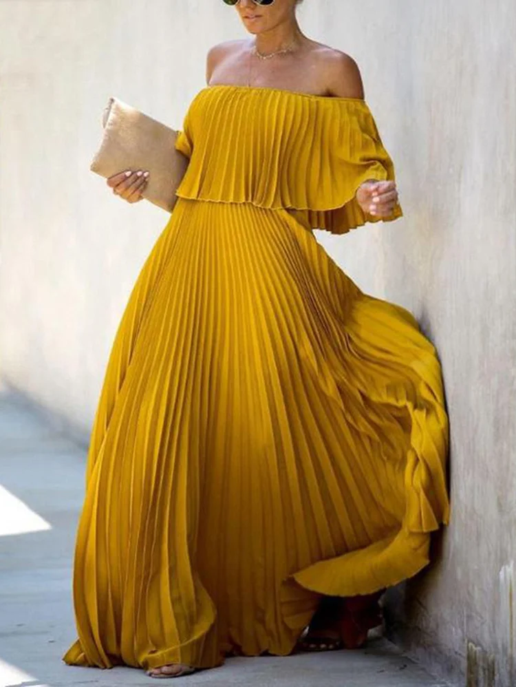 Elegant Off The Shoulder Pleated Solid Maxi Dress