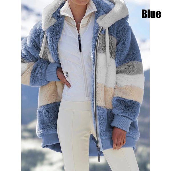 Fashion Women's Jacket Hooded Warm Plush Loose Jacket for Women Patchwork Winter Outerwear Faux Fur Zipper Ladies Parka Coat