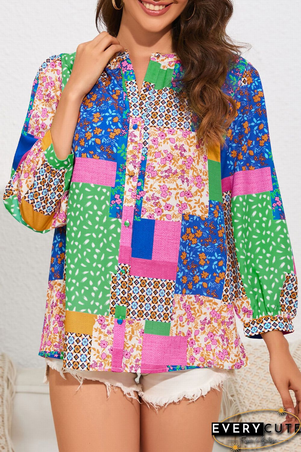 Multicolor Floral Patchwork Print Buttoned Puff Sleeve Shirt