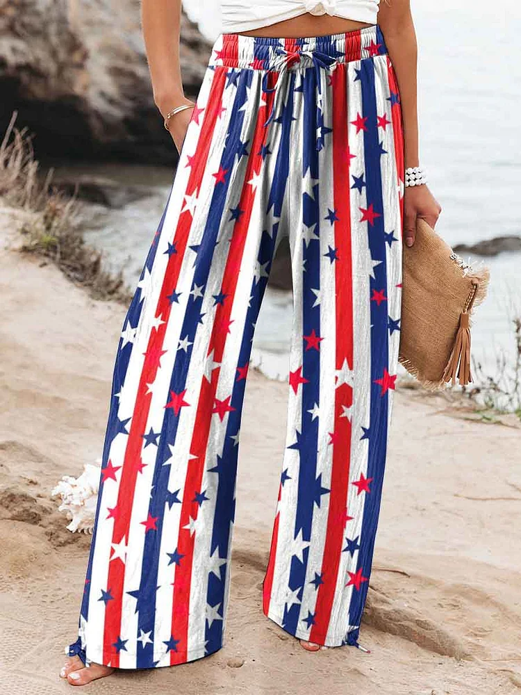 Women's Independence Day Red White and Blue Striped Stars Element Print Cotton And Linen Casual Pants