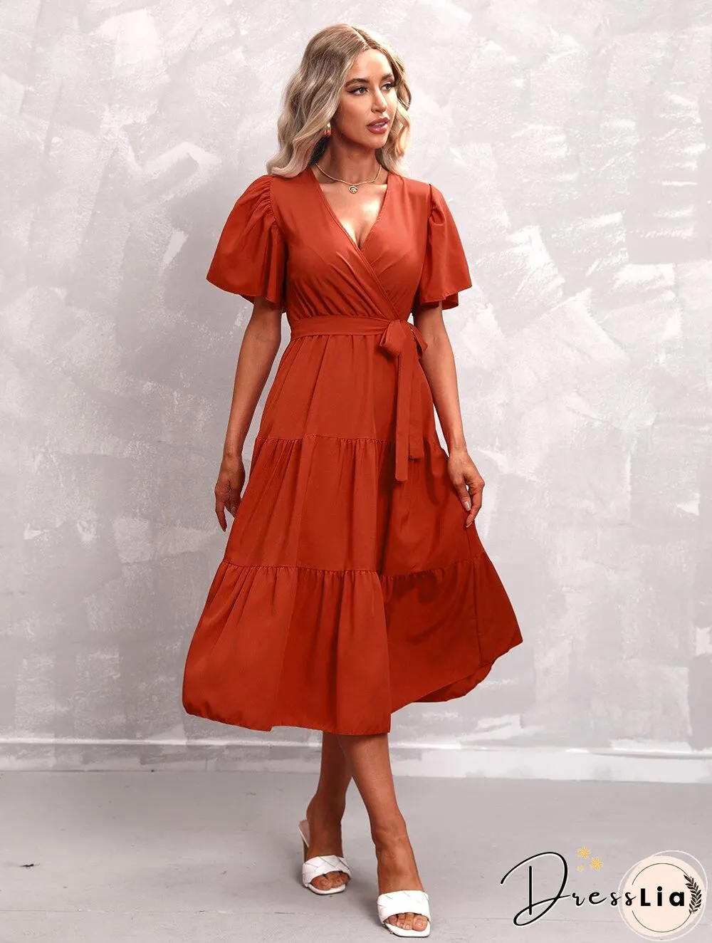 Elegant Womens Summer Dress & Casual Lace-Up Solid Color Neck High Waist Short Sleeve