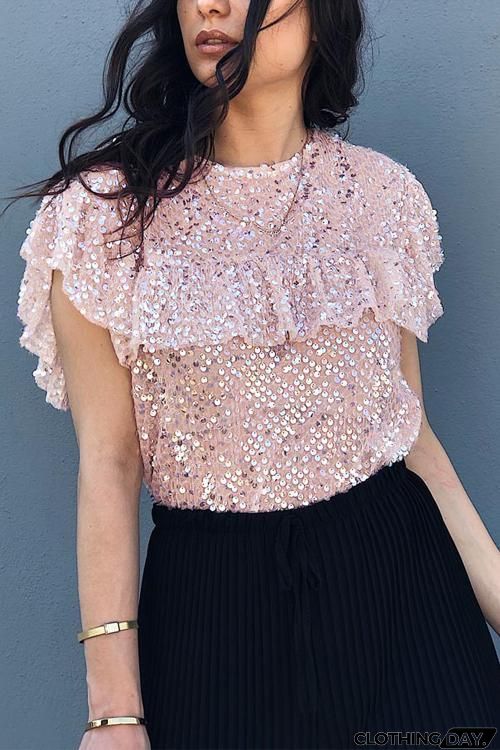 Ruffles Sequin Short Sleeve T Shirt
