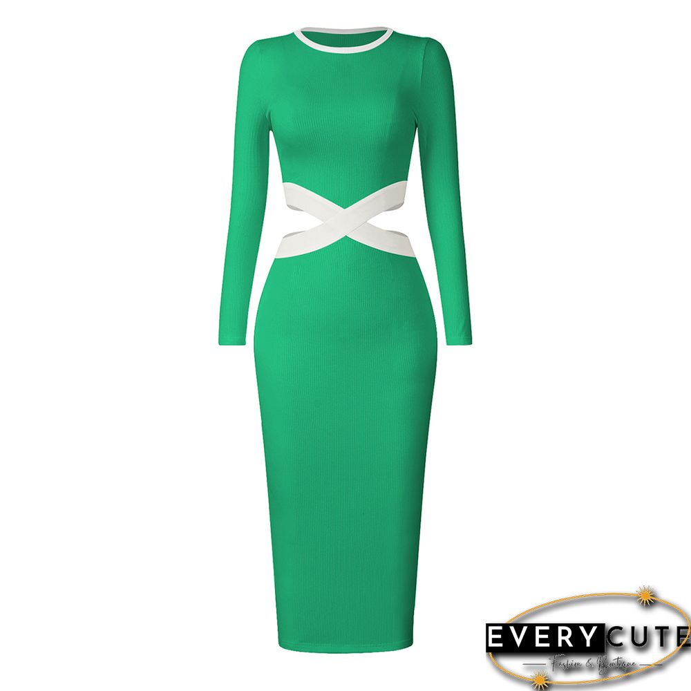 Green Ribbed Cut-out Long Sleeve Bodycon Dress