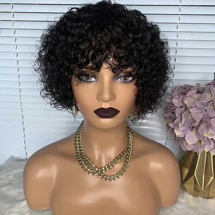 Full Machine Made Wig Short Curly Pixie Cut Virgin Human Hair Wig