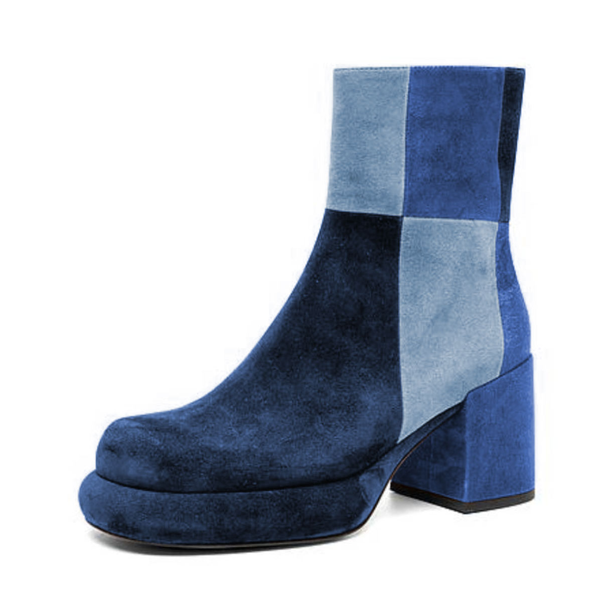 Blue Color Block Vegan Suede Square Toe Chunky Heel Boots for Women Nicepairs
