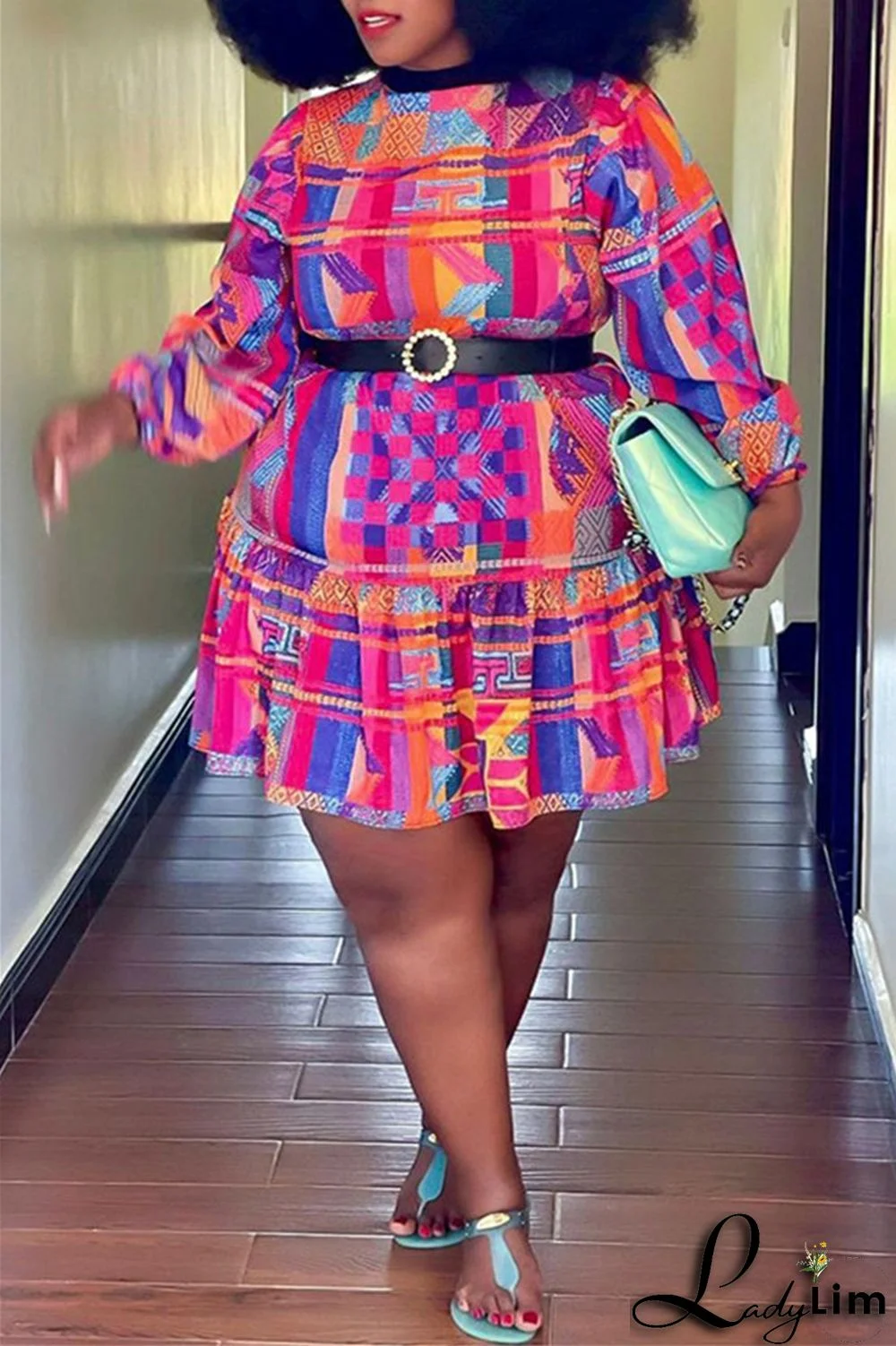 Green Fashion Casual Print Patchwork With Belt O Neck Long Sleeve Plus Size Dresses