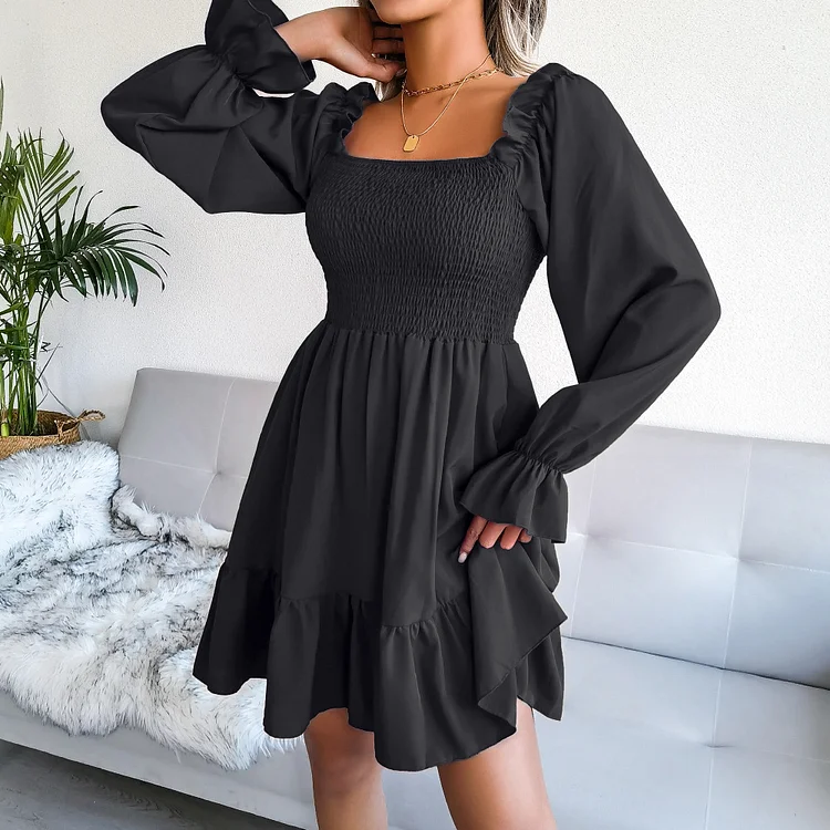 Women Ruffle High Waist Square Collar Long Sleeve Ruffled Dress