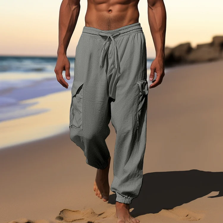 Men'S Vintage Solid Color Casual Cuffs Multi-Pocket Drawstring Trousers