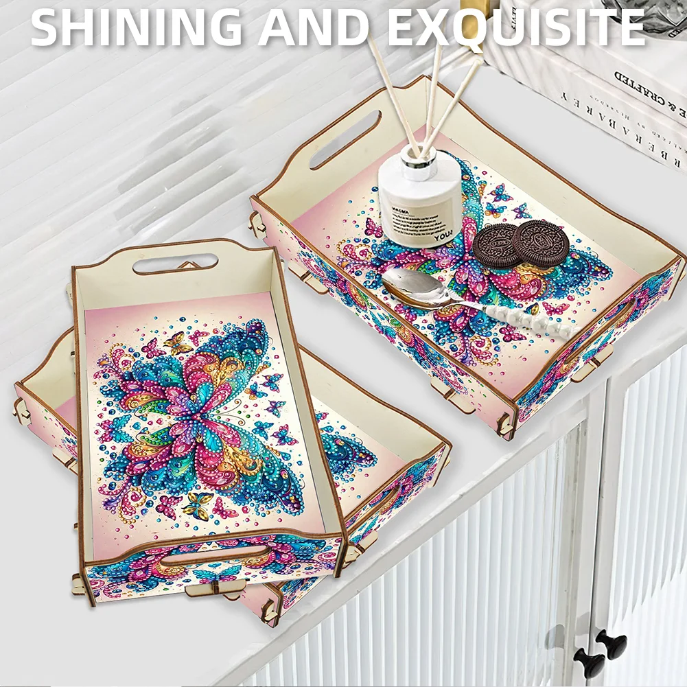 5D DIY Butterfly Diamond Painting Serving Tray with Handle for Coffee Table