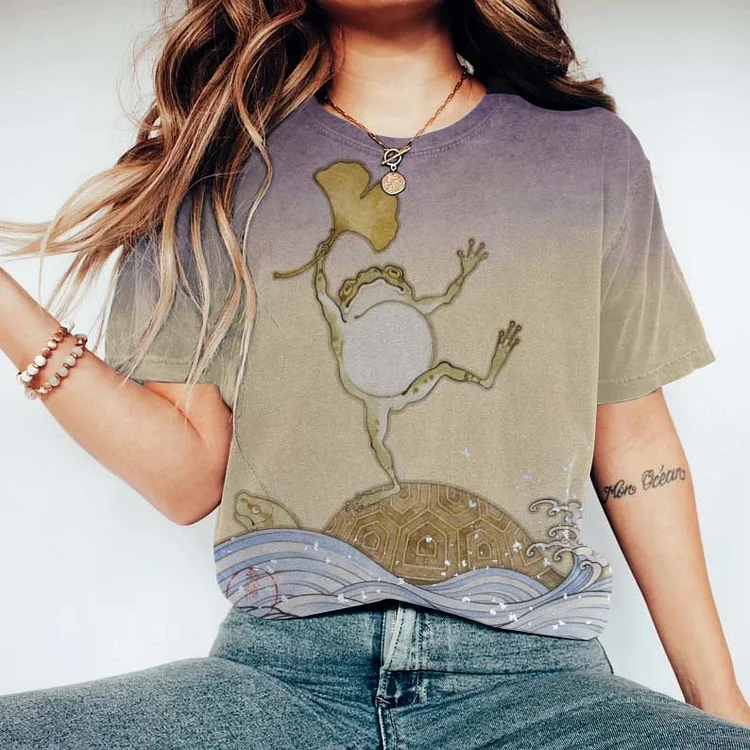 VChics Women's Japanese Art Tortoise Frog Casual T-Shirt