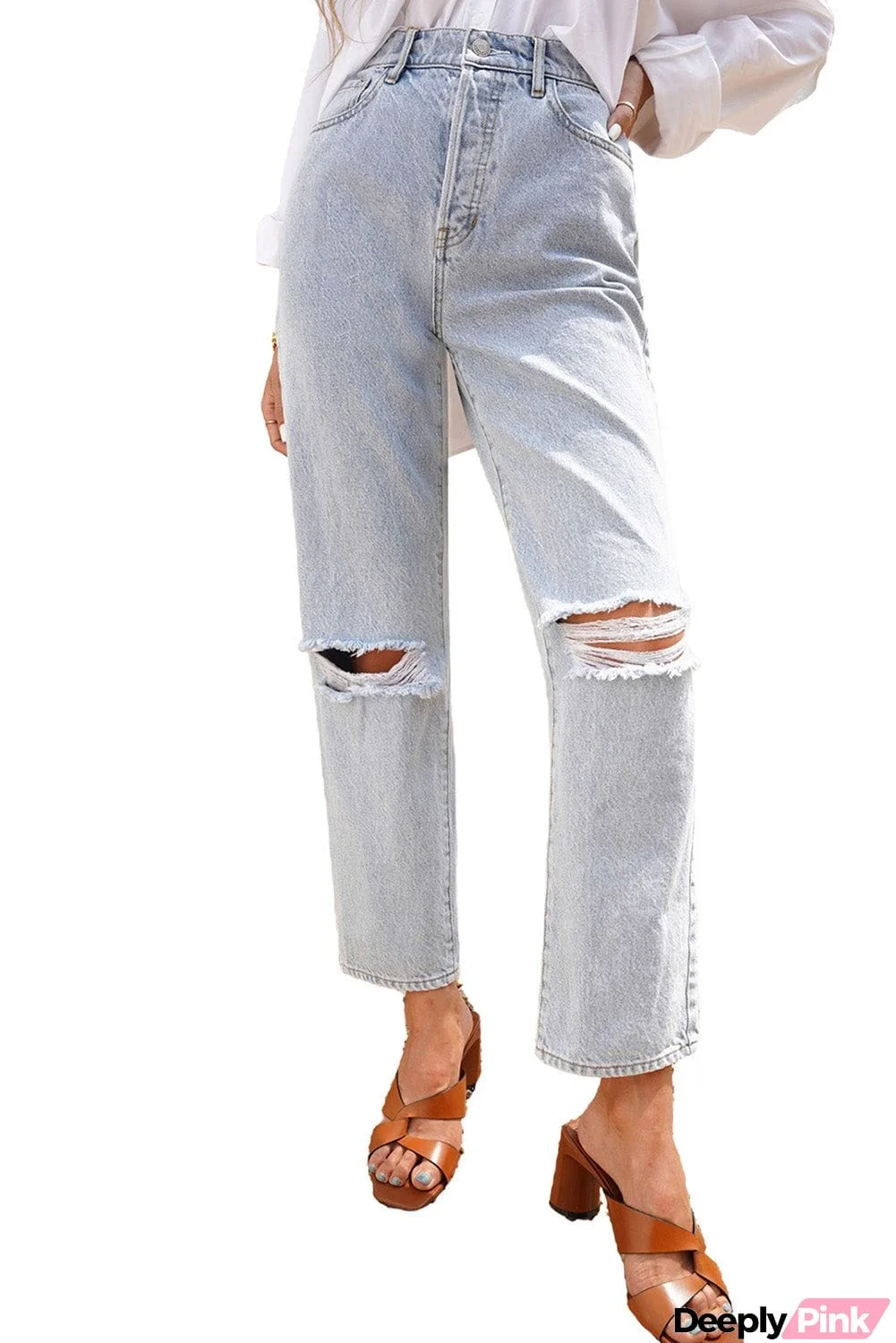 High Waist Straight Leg Distressed Jeans