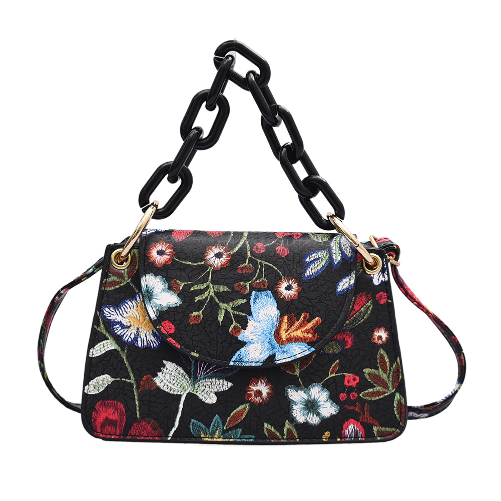 

Embroidered Flower Messenger Bag Women Chain Small Shoulder Handbag, Black, 501 Original