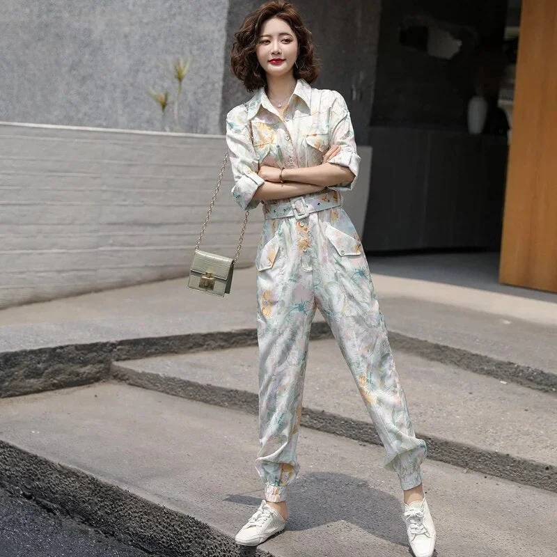 New Autumn Spring Women Belt Tunic Print Jumpsuits Female High Waist Harem Trousers Overalls Romper Holiday Long Playsuit