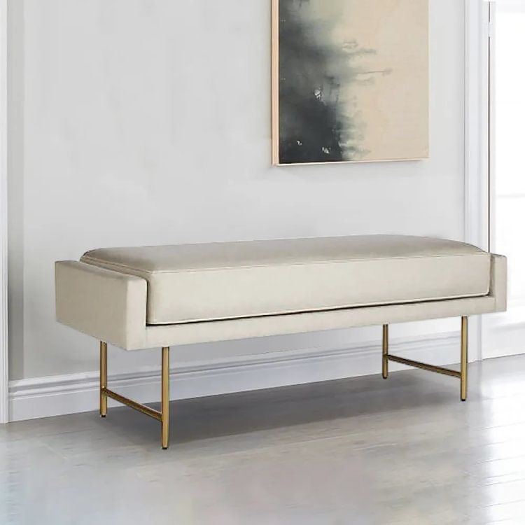 Homemys Modern Off-White Bedroom Bench Ottoman Seat with Metal Legs