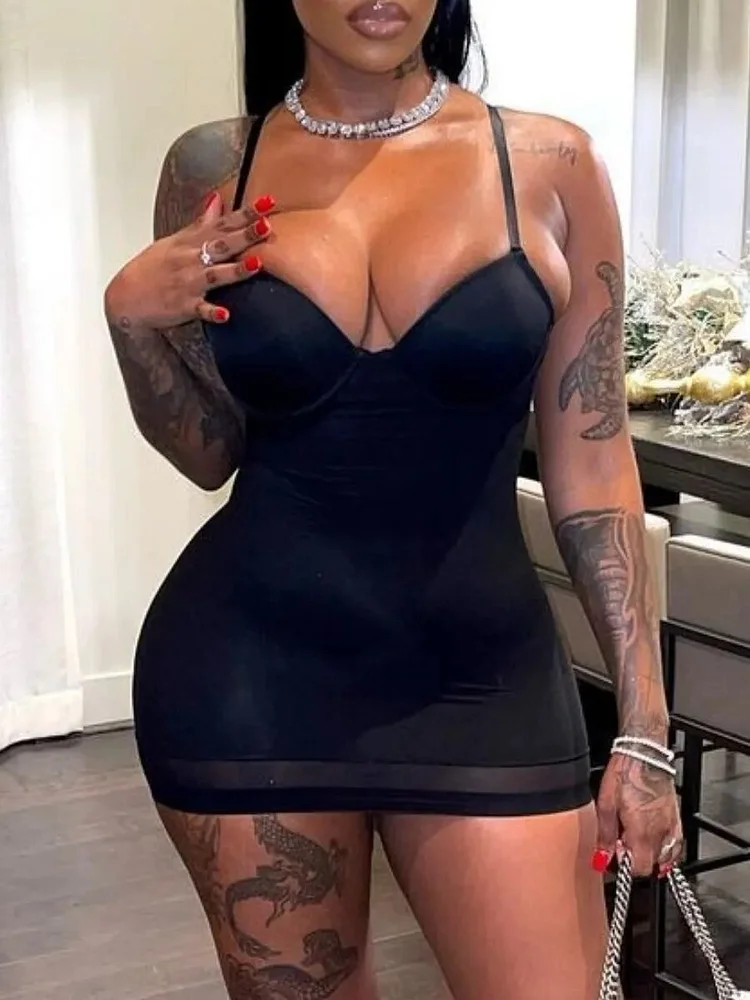 Cgacest Fashion Stretch Mini Dress SXY See-through Cami Bodycon Dress (With Chest Pad) Women Sexy Straps Slim Fit Bodycon Party Vesti