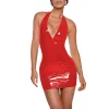 Plus Size Women Beach Party Vocation Halter Dress PVC Leather Deep V-neck Sleeveless Stretch Mini Dress Sexy Wrap Hips  Attire