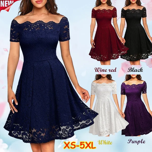 New Fashion Women Off Shoulder Slim Fit Lace Dress Elegant Strapless Short Sleeve Cutout Party Dresses Solid Color Back Swing Mini Dresses Evening Gowns Prom Dress