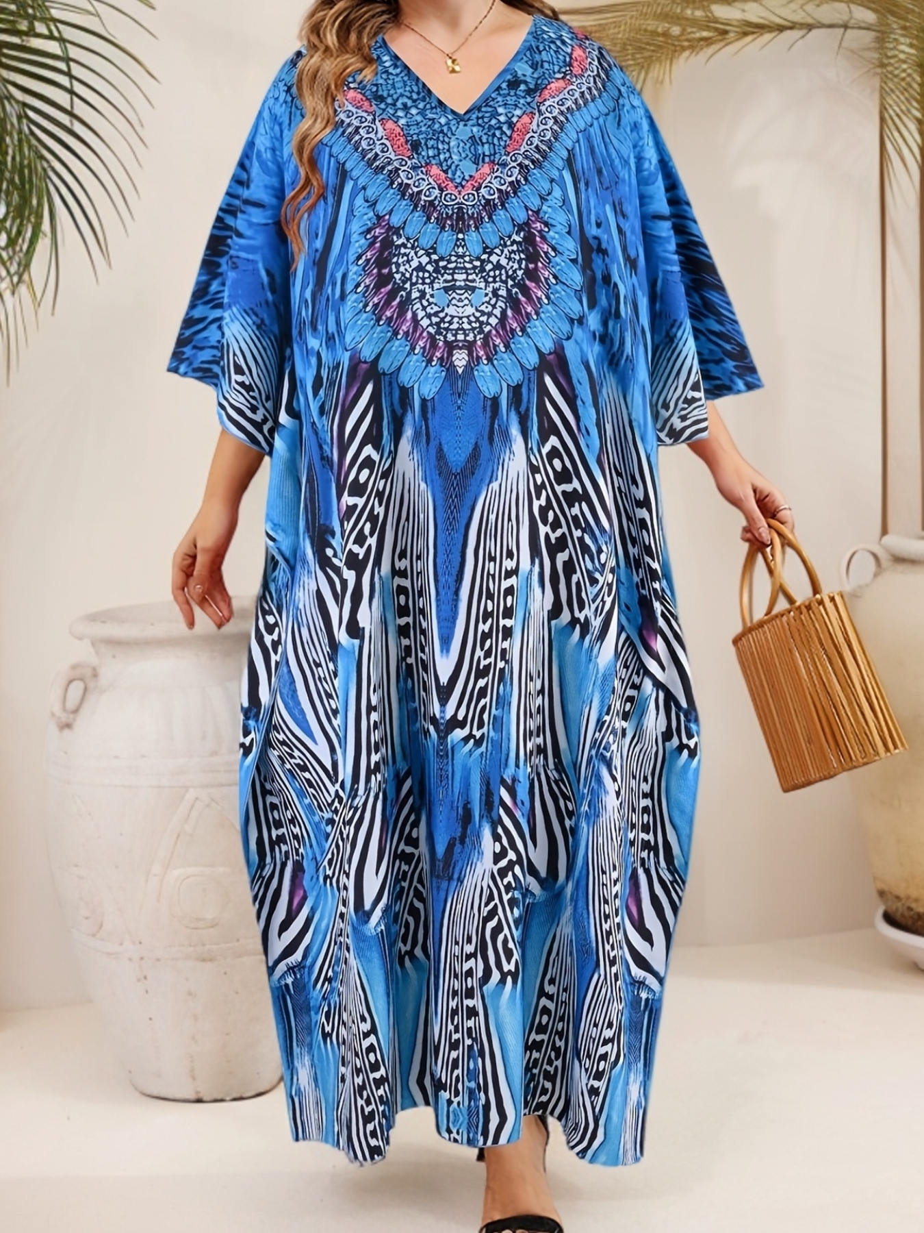 Bohemian Plus Size Women's Turkish Kaftan Dress | Floral Print V-Neck Batwing Sleeves, Loose Fit Long Maxi Dress With Slit Hem, Machine Washable Beach Cover-Up For Parties & Casual Outings, Modest Attire, Allseason Wear | IFYHOME