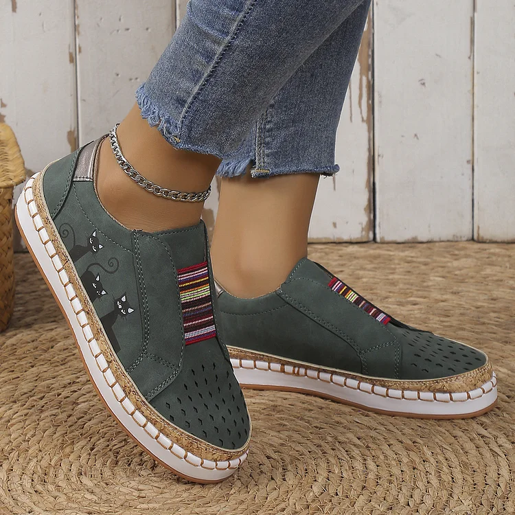 Women Large Size Cat Printing Hollow Out Elastic Band Casual Flats shopify Stunahome.com