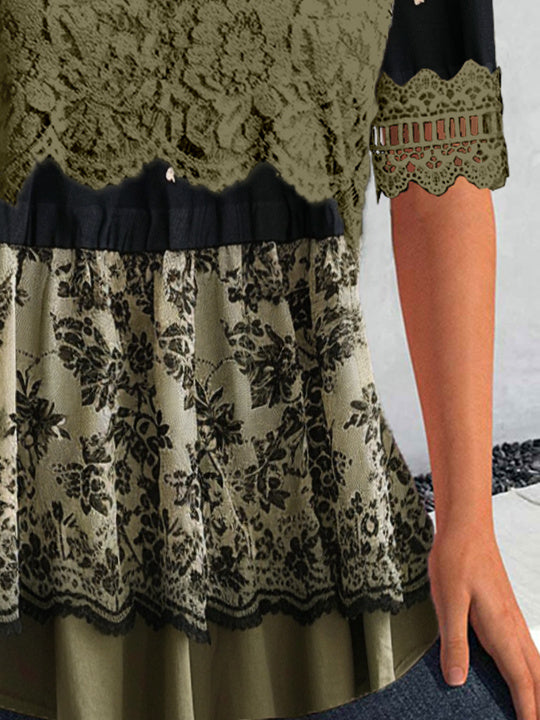 Women's Short Sleeve Scoop Neck Lace Stitching Graphic Top