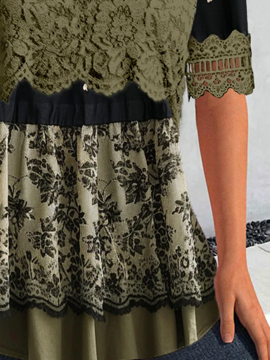 Women's Short Sleeve Scoop Neck Lace Stitching Graphic Top