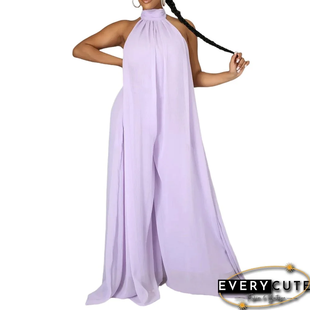 Light Purple Halter Neck Backless Chiffon Wide Leg Jumpsuit