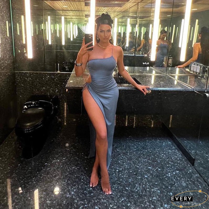 Sexy Off Shoulder Side High Split Maxi Dress Women Drawstring Sleeveless Solid Evening