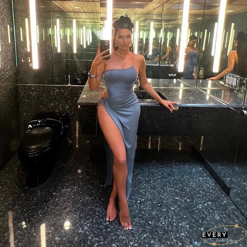 Sexy Off Shoulder Side High Split Maxi Dress Women Drawstring Sleeveless Solid Evening
