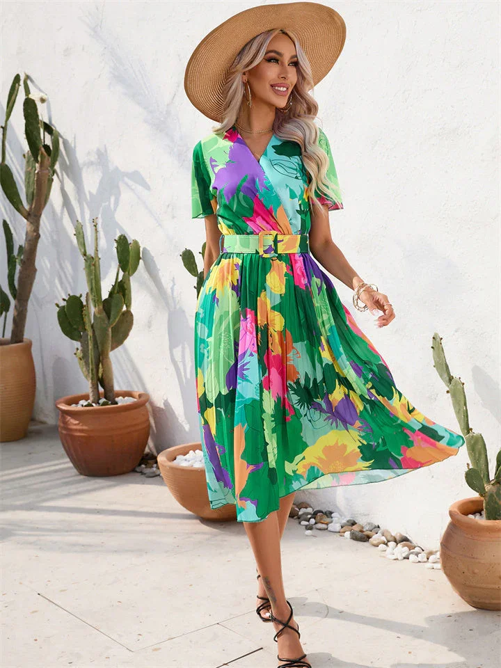 Summer Floral Print Crinkle Short Sleeve Dress V-neck Casual Dress Green Red S-2XL
