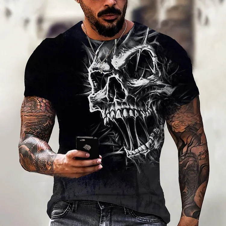 Vintage Horror Skull 3D Print Casual Short Sleeve Men's Black T-shirts at Hiphopee